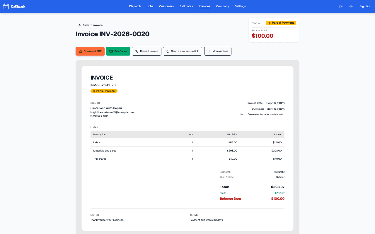 CalSpark invoice with line items and a card payment button