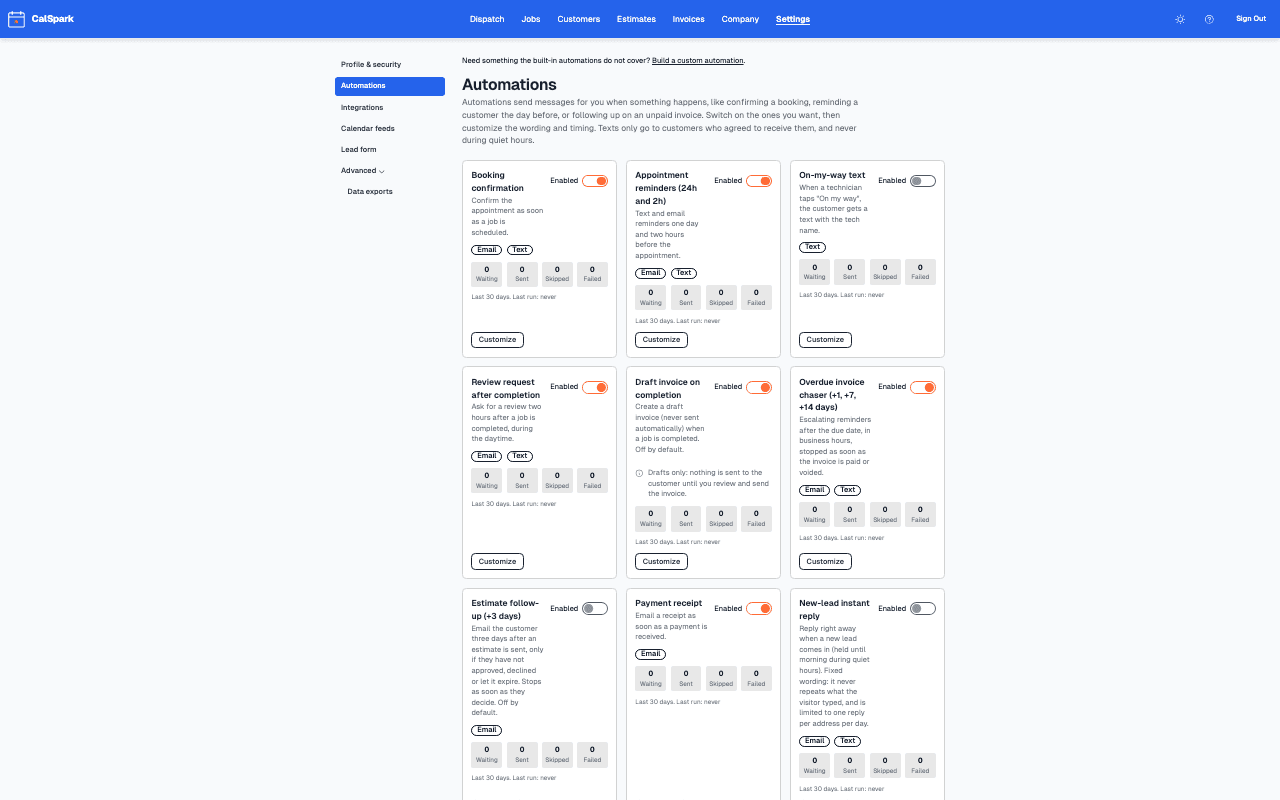 CalSpark Automations page with a list of templates and on and off switches